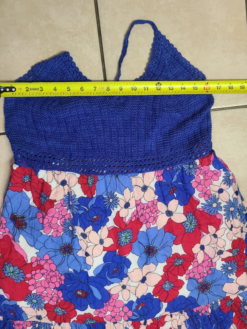 Tori Richard Bohemian Floral Maxi Dress with Royal Blue Crochet Bodice - Picture 9 of 12